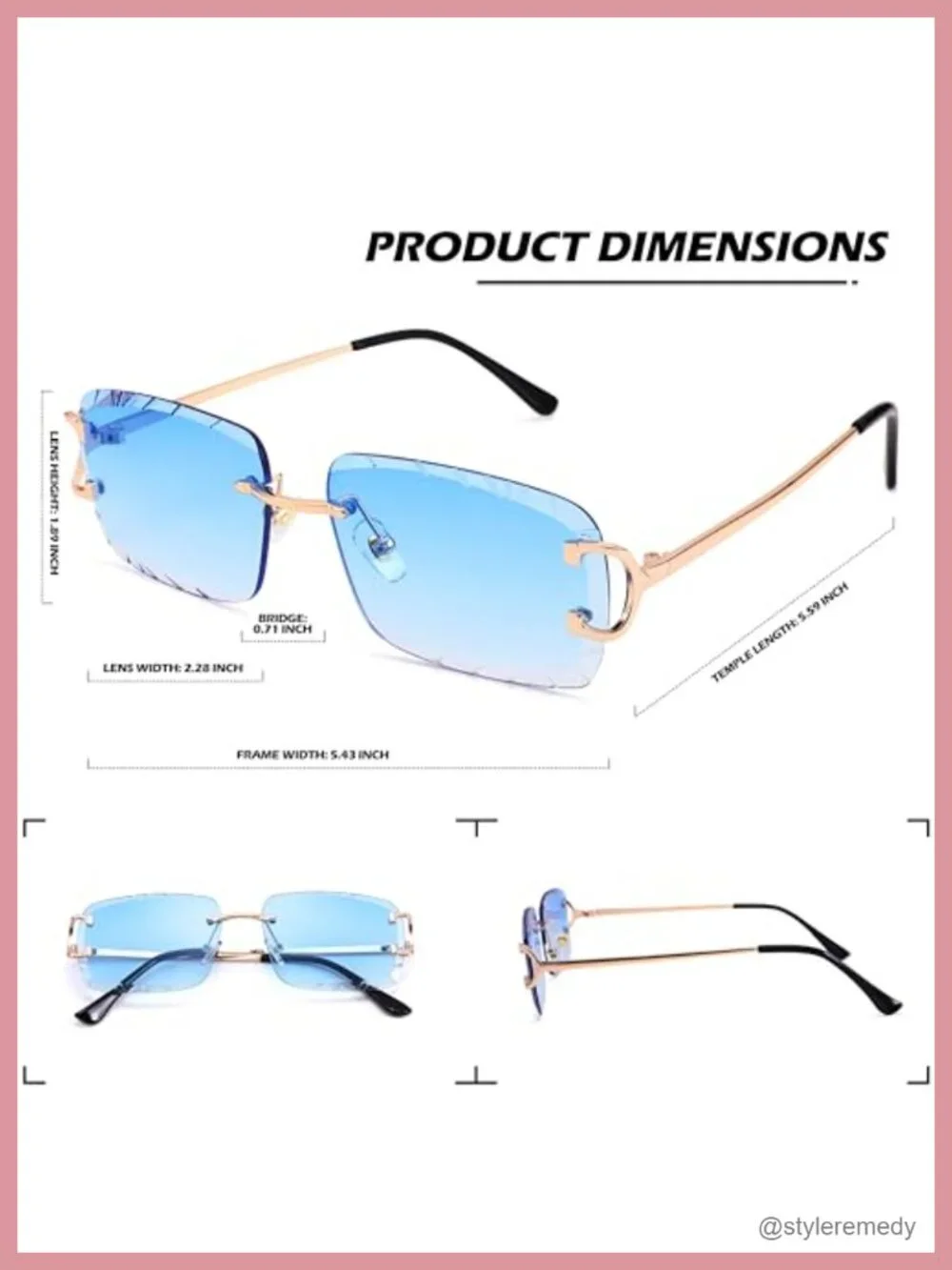 Rimless Rectangle Square Sunglasses Frameless Diamond Cutting Eyewear